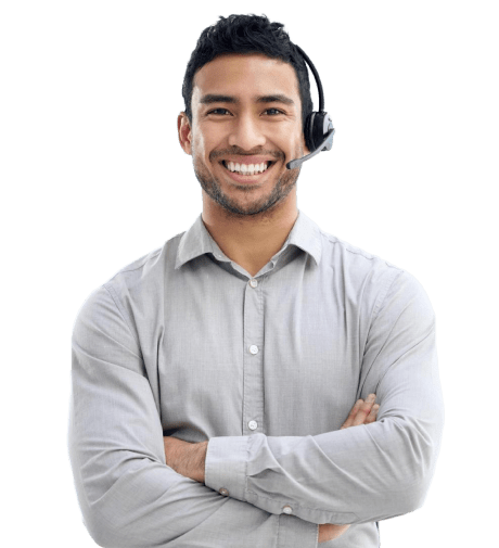 male receptionist with headphones