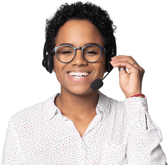 Female receptionist touching headset